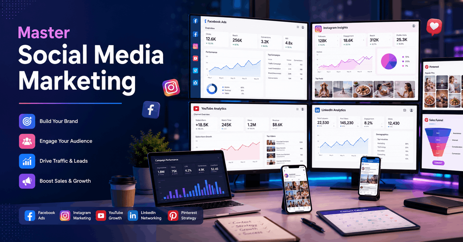Social Media Marketing dashboard showing Facebook, Instagram, YouTube, ads, funnels, analytics, and campaign growth strategies.