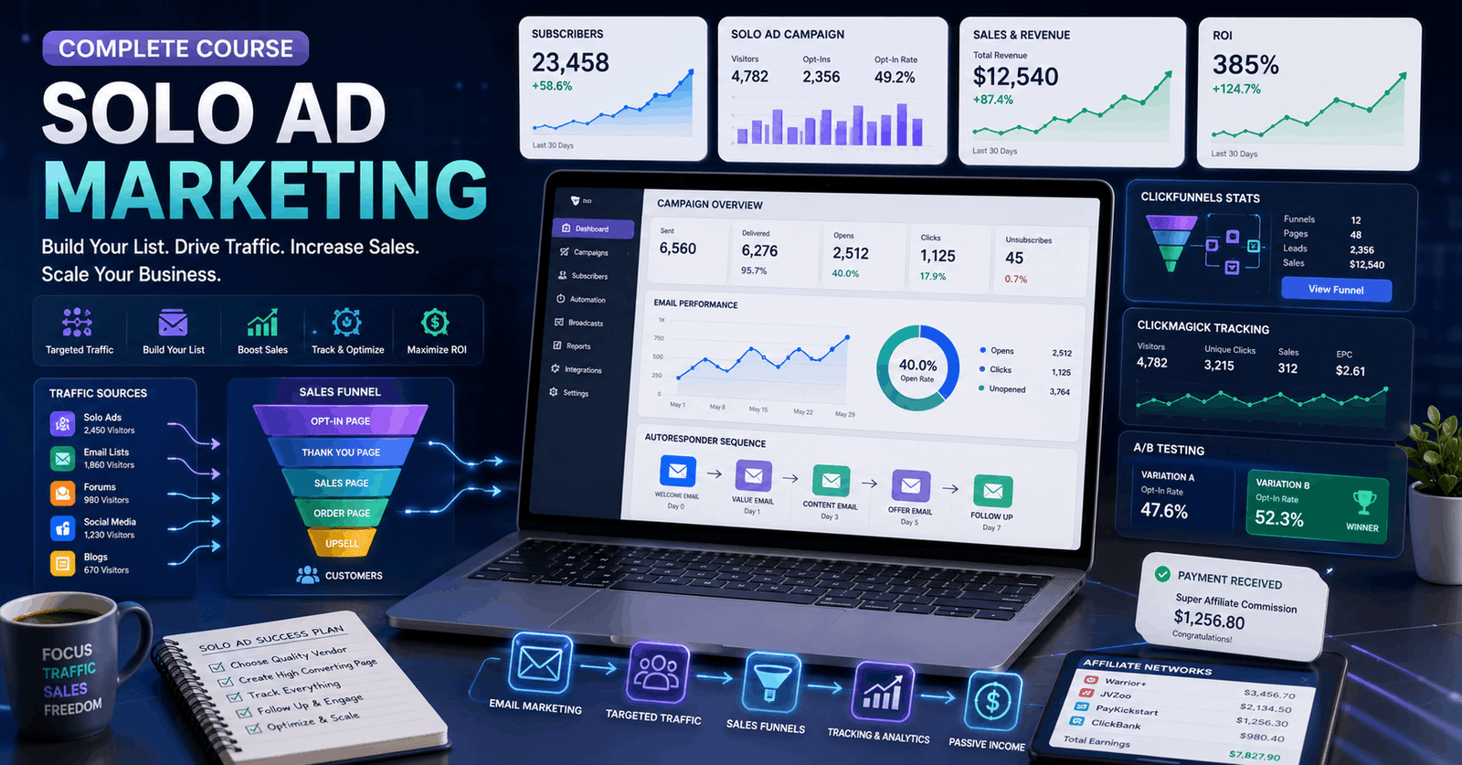 Solo Ad Marketing dashboard with email list growth, traffic tracking, ClickFunnels, and ClickMagick analytics.
