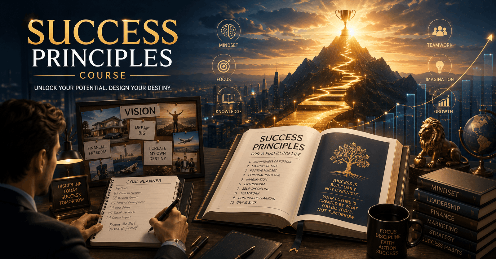Success Principles Course showing personal growth concepts, goal planning, mindset development, and achievement strategies.