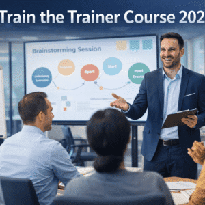 Professional facilitator delivering a workshop during a Train the Trainer session in a modern corporate training environment