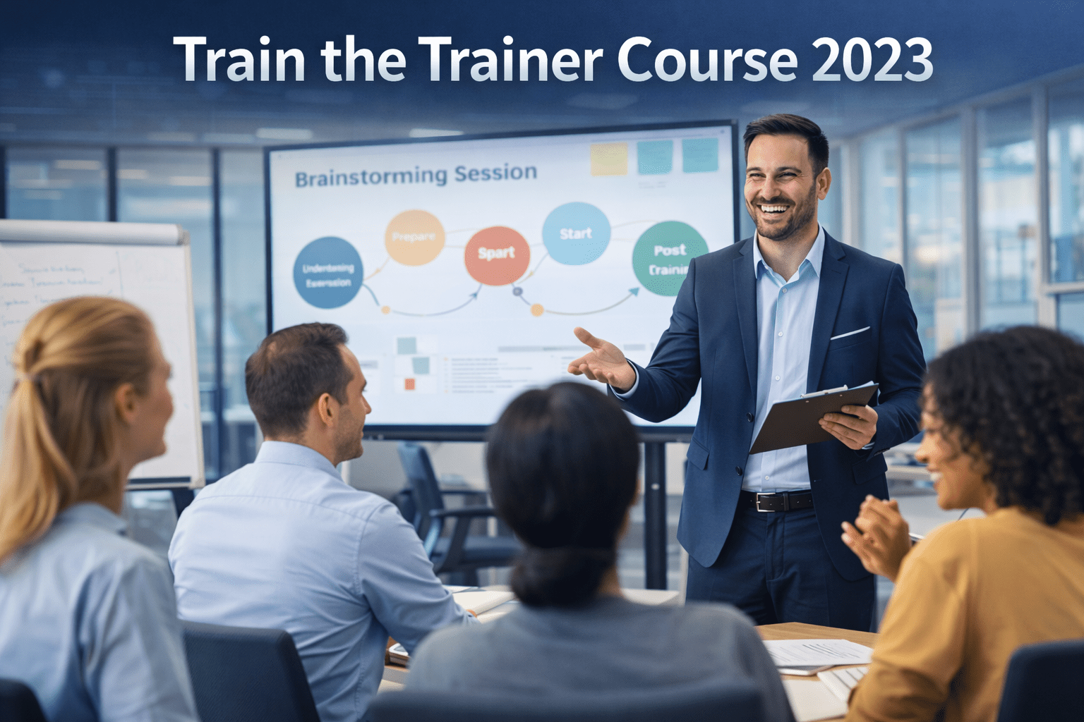 Professional facilitator delivering a workshop during a Train the Trainer session in a modern corporate training environment