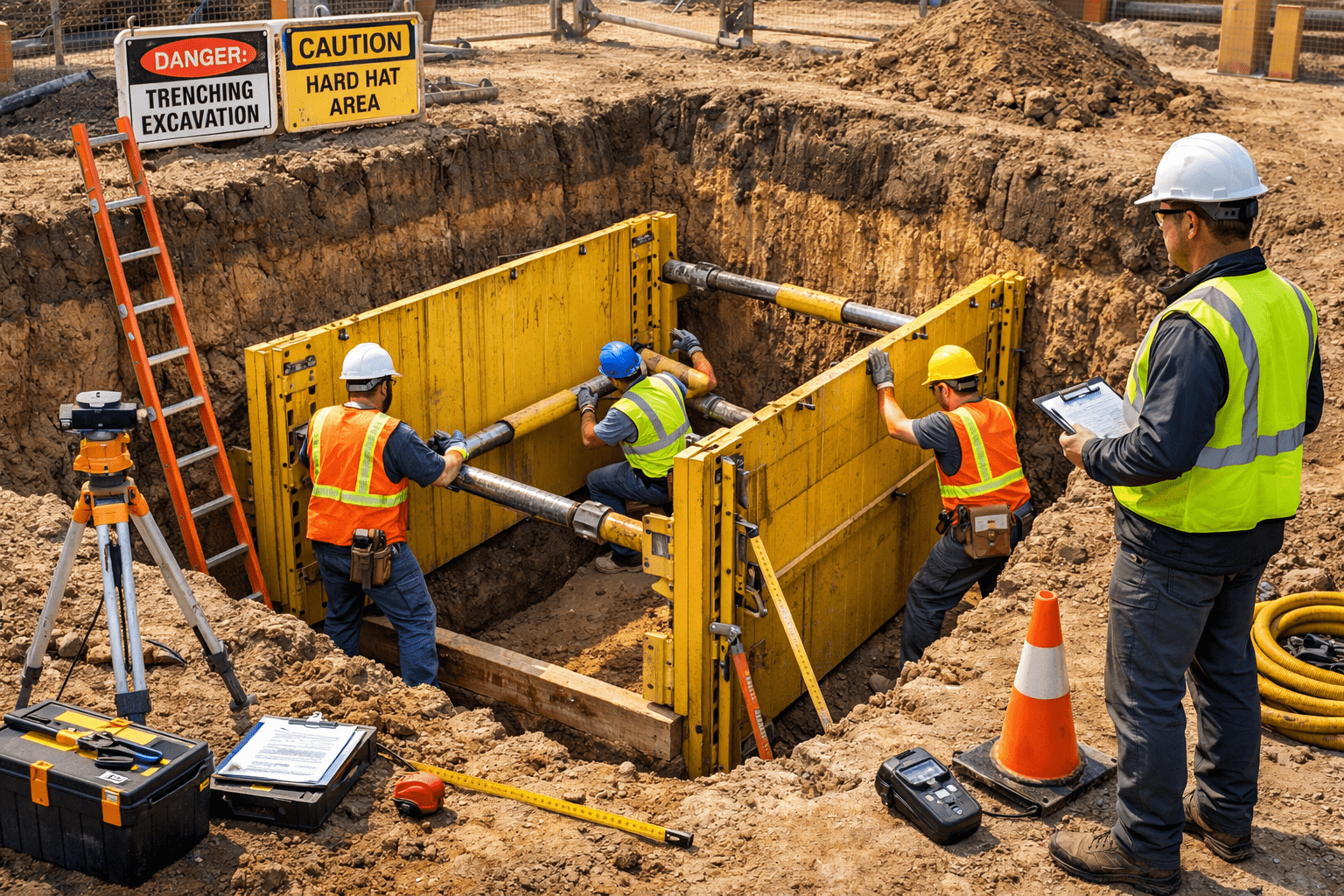 Trenching safety training showing workers installing shoring and protective systems inside a deep excavation trench