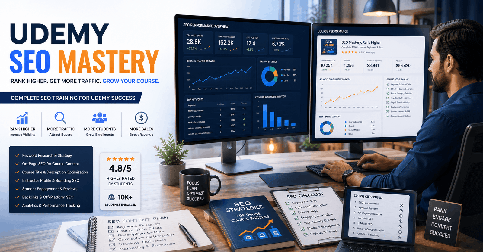 Instructor optimising an online course using Udemy SEO strategies to improve rankings, reviews, and student enrolments.