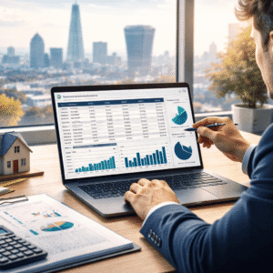Professional UK Property Investing course showing investor analysing property prices, rental income and ROI on a modern laptop
