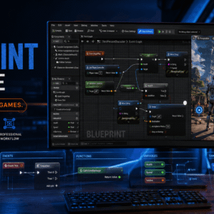 Unreal Engine Blueprint interface showing visual scripting nodes, game logic, and development workflow.