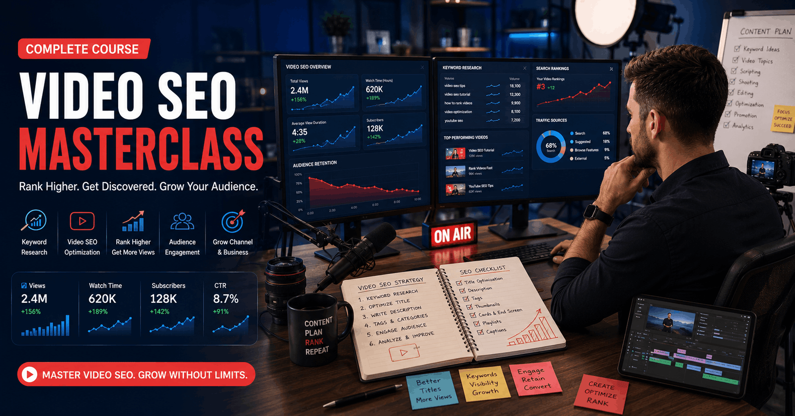 Content creator optimising YouTube videos with Video SEO tools, analytics, keyword research, and ranking strategies.