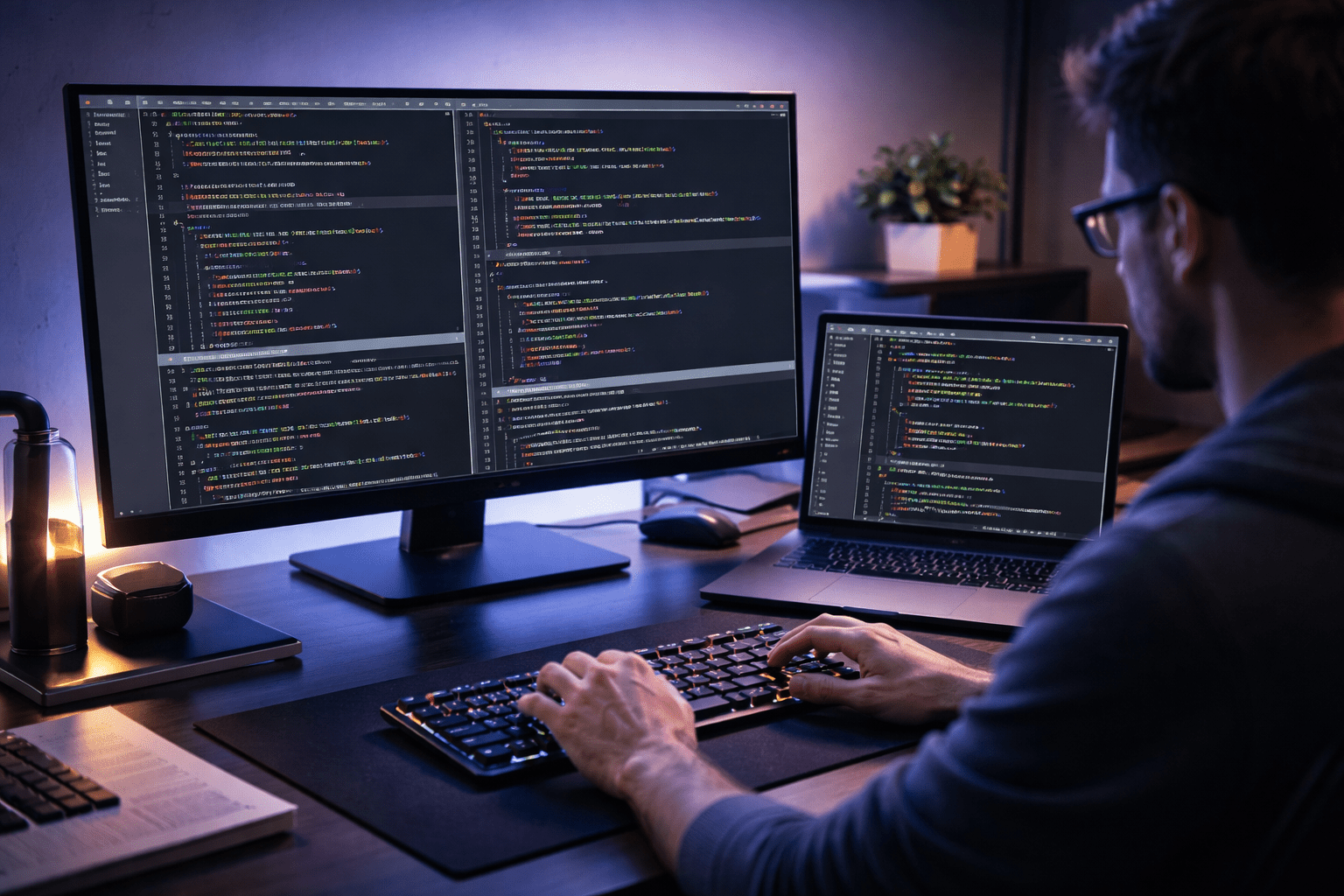 Vim essential training showing a developer using Vim editor on a dual-screen coding workstation
