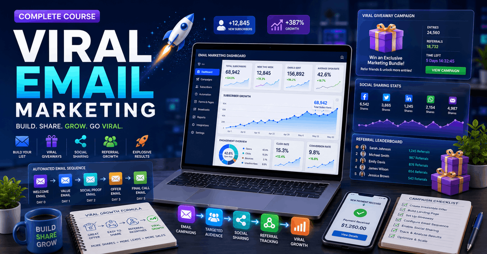 Viral Email Marketing dashboard showing giveaway campaigns, subscriber growth, email automation, and social contest analytics.