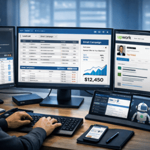 Web scraping business course showing lead generation dashboards, data extraction tools and automation bots on multiple screens