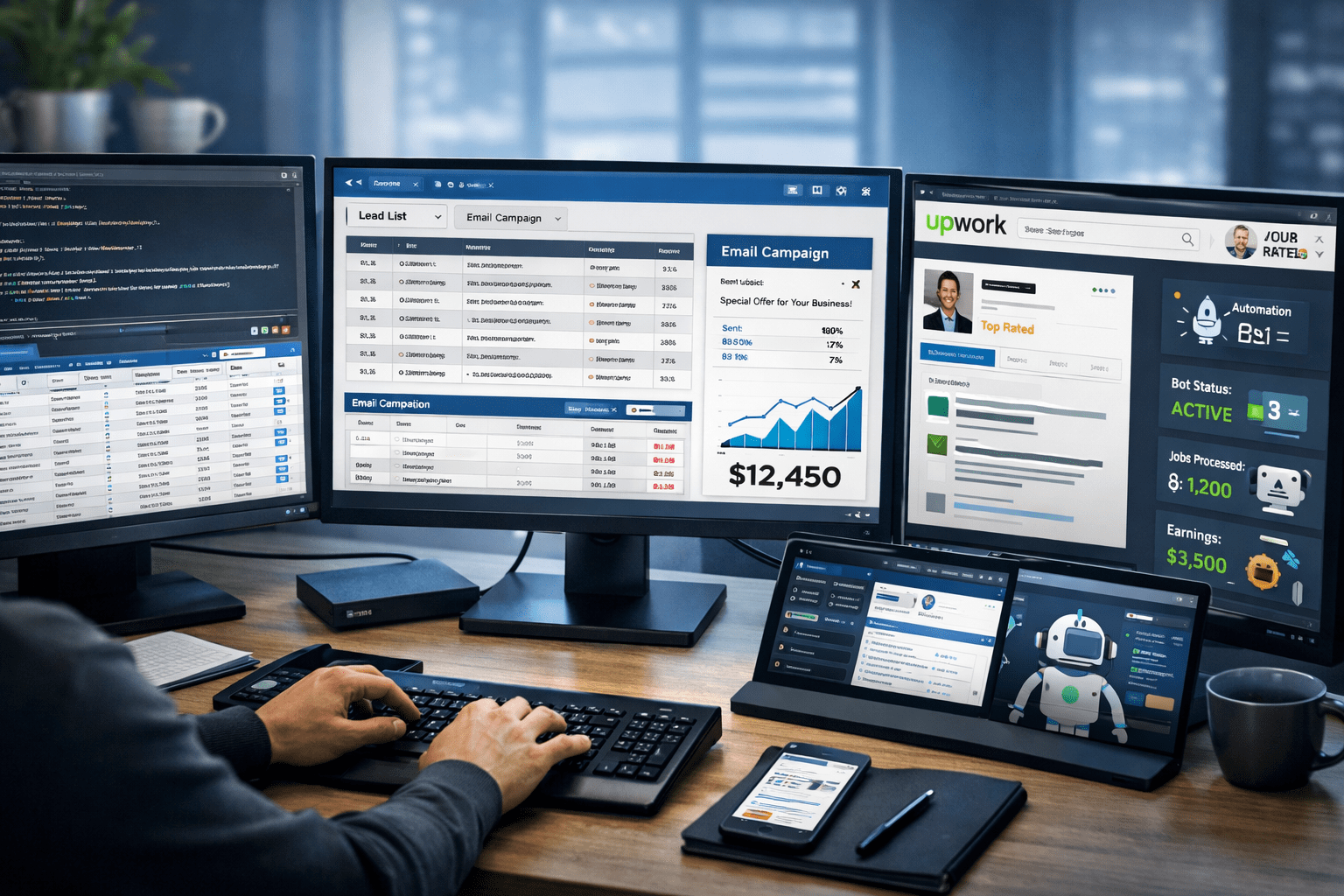 Web scraping business course showing lead generation dashboards, data extraction tools and automation bots on multiple screens