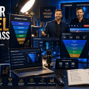 Professional presenter building a Webinar Funnel with sales dashboards, webinar software, and marketing automation tools.