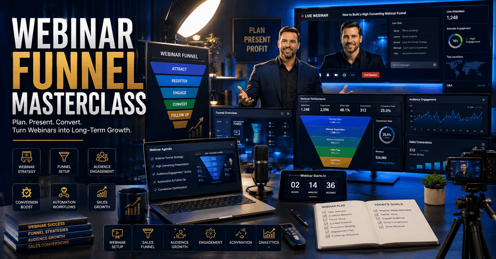 Professional presenter building a Webinar Funnel with sales dashboards, webinar software, and marketing automation tools.