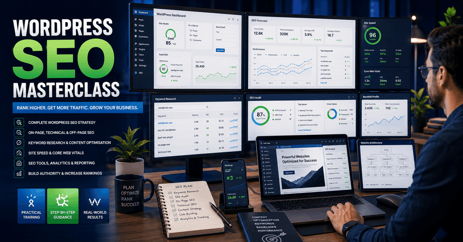 Professional optimising a WordPress SEO website using analytics, keyword research, caching, and search ranking dashboards.