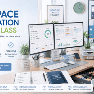 Professional organising a Workspace Organization system with a tidy desk, digital tools, labelled storage, and productivity planner.