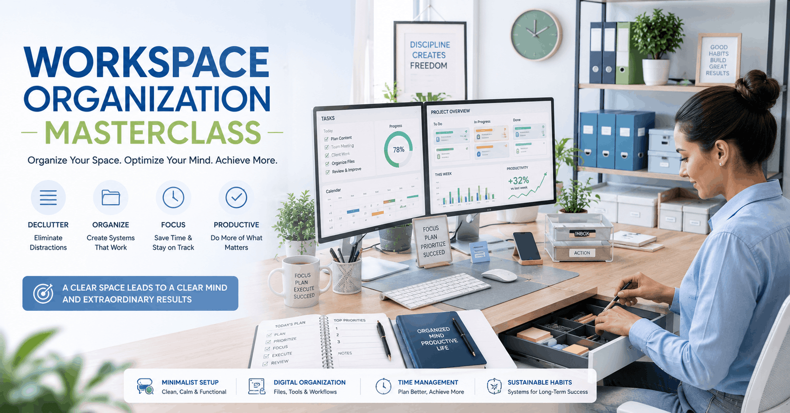 Professional organising a Workspace Organization system with a tidy desk, digital tools, labelled storage, and productivity planner.
