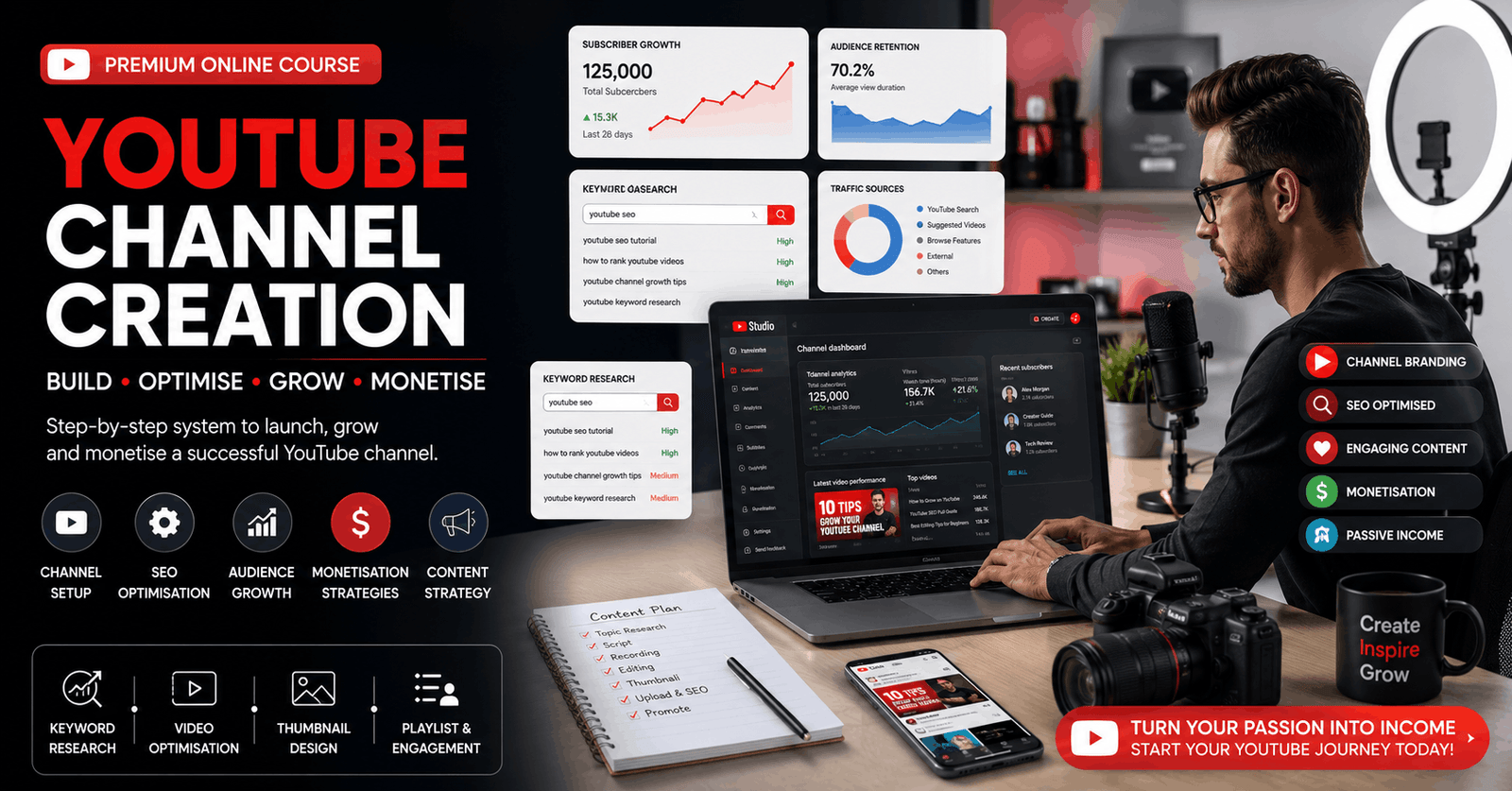 Creator setting up a YouTube channel with analytics, SEO tools, and monetisation using a YouTube Channel Creation course.