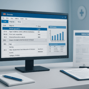 3M medical coding course image showing ICD-10-CM diagnosis coding, DRG charts and hospital data workflow.