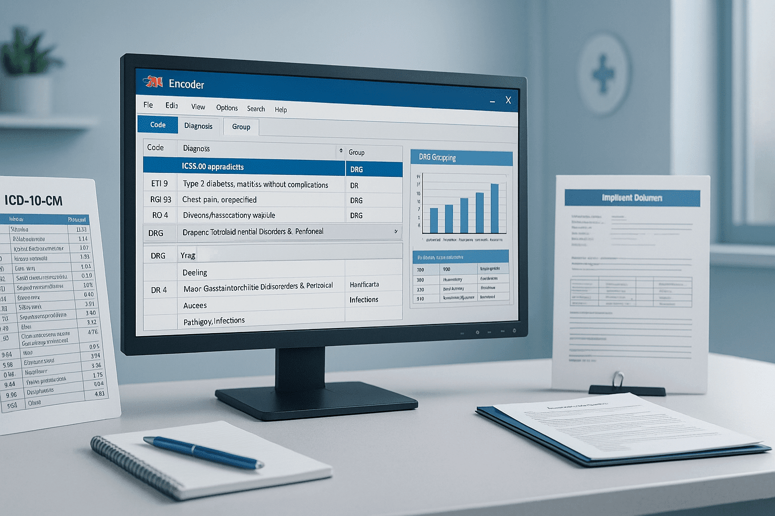 3M medical coding course image showing ICD-10-CM diagnosis coding, DRG charts and hospital data workflow.