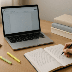 Student writing notes at a desk with books and laptop, representing academic essay writing skills.