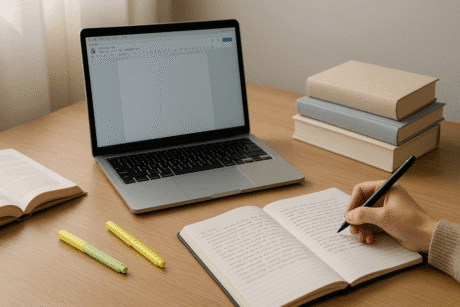 Student writing notes at a desk with books and laptop, representing academic essay writing skills.