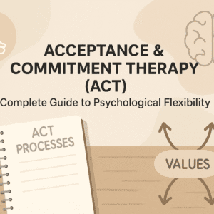 Acceptance and commitment therapy cover showing mindfulness, values, ACT processes, and psychological flexibility concepts.