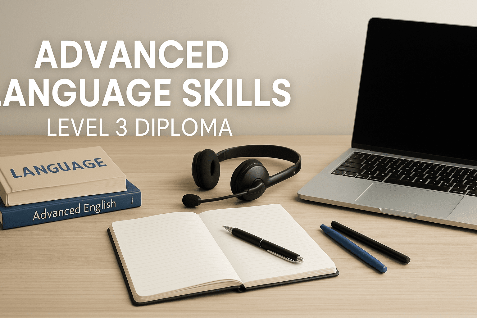 Advanced language skills diploma cover featuring books, headset, notepad, and a clean study desk representing modern language learning.