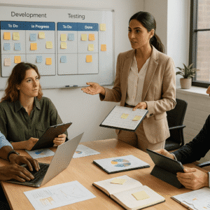 Modern workplace with team collaborating on Agile Project Management tasks and digital planning boards