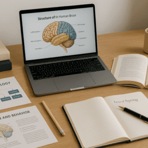 Modern study desk with brain diagram, psychology notes and laptop; Basics of Psychology course cover image.