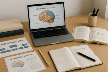 Modern study desk with brain diagram, psychology notes and laptop; Basics of Psychology course cover image.