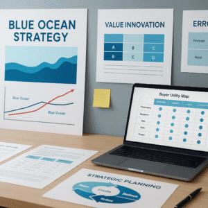 Modern workspace showcasing Blue Ocean Strategy charts, value innovation maps, and strategic planning tools