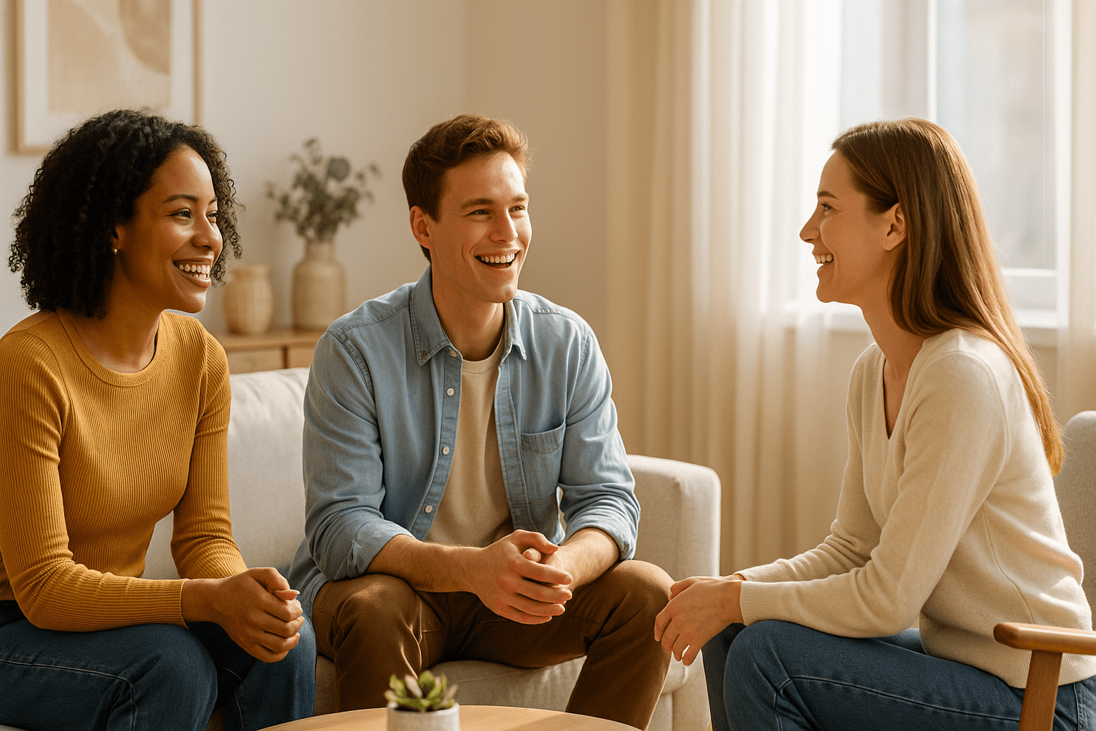 Build confidence relationships visual showing happy people engaging warmly in a bright, uplifting setting.