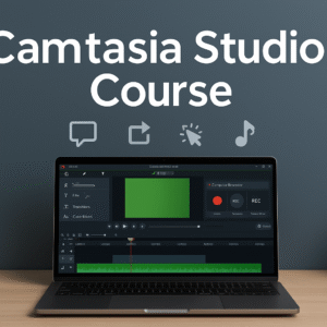Camtasia Studio course cover showing editing timeline, screen recorder tools, and a clean creator workspace.