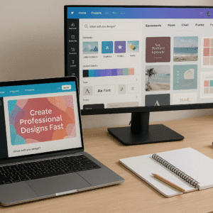 Modern workspace showing Canva dashboards, creative design tools, and professional graphics for Canva Design Beginners.