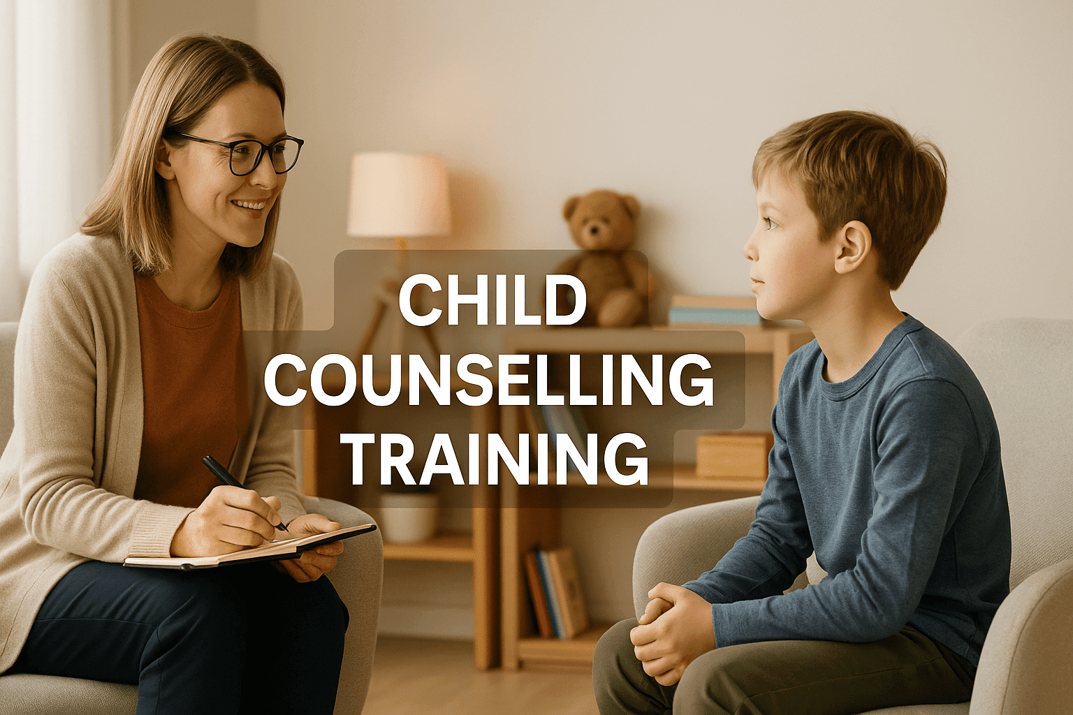 Child Counselling Training cover showing a counsellor and child talking in a warm, supportive therapy room with soft lighting and calm colours.