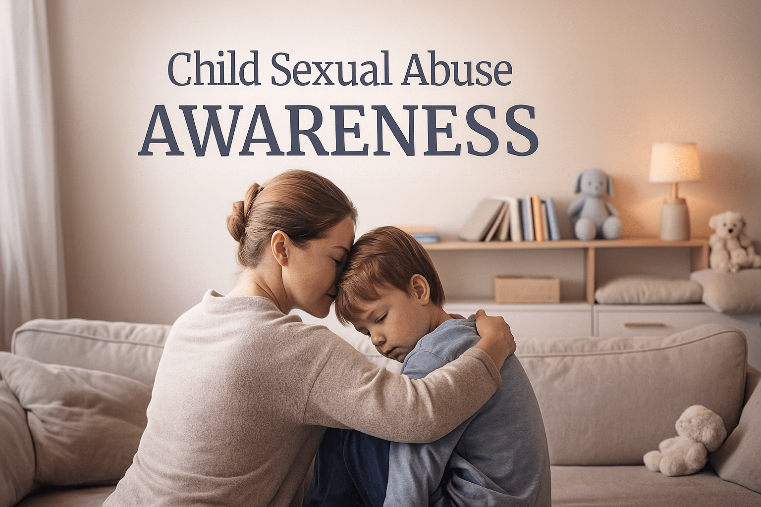 Child Sexual Abuse Awareness cover showing a supportive adult comforting a child in a calm, safe, neutral-toned environment.