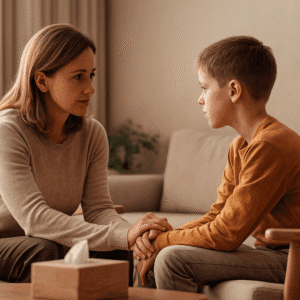 Childhood trauma recovery course cover showing supportive adult helping a child in a calming, safe environment.