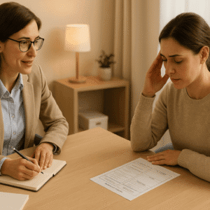 Cognitive Behavioural Therapy course image showing a therapist guiding a client through CBT techniques.