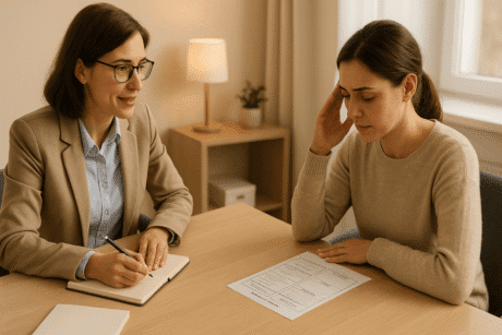 Cognitive Behavioural Therapy course image showing a therapist guiding a client through CBT techniques.