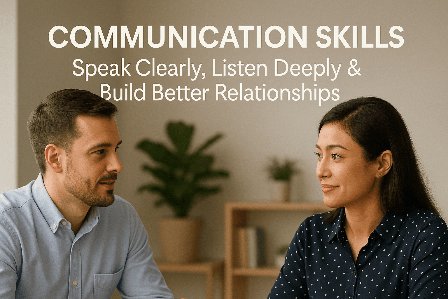 Communication skills training cover with two people talking, showing clarity, confidence, listening, and strong human connection.