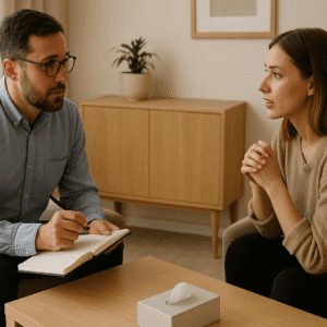 Counselling Skills Training course image showing a counsellor guiding a client using core counselling techniques.