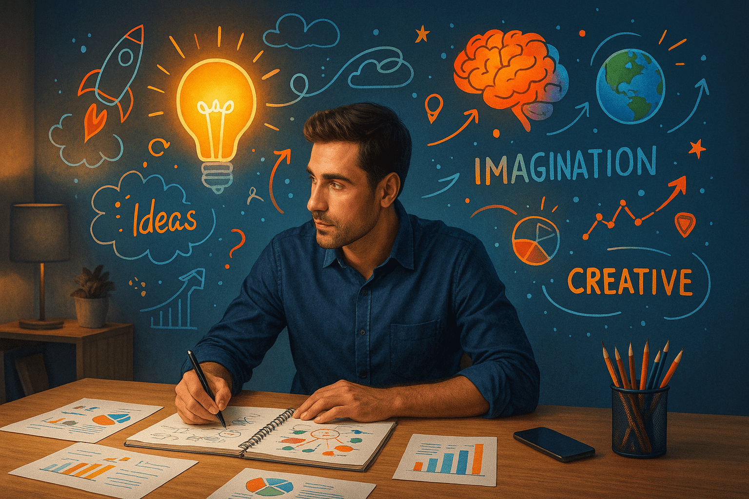 Creative confidence course image showing a person brainstorming ideas with colourful creative elements.