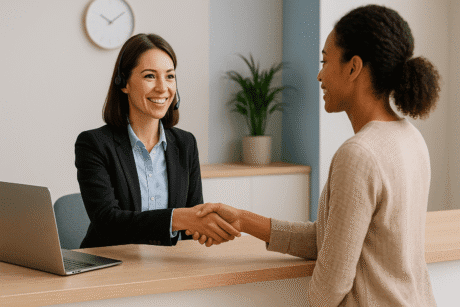 Customer service professional greeting a client with a warm smile, representing customer care training excellence.