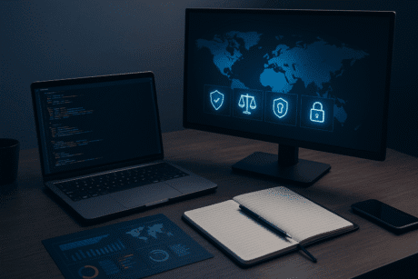 Modern cyber security desk with laptop, code screen, legal icons and threat charts; Cyber Security Analyst course cover image.