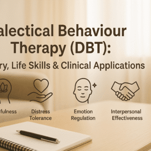 Dialectical behaviour therapy course cover showing DBT skills, mindfulness, counselling themes, and emotional resilience.