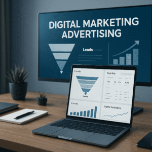 Digital marketing advertising workspace with funnels, lead-generation charts, and paid ads dashboard on screen.