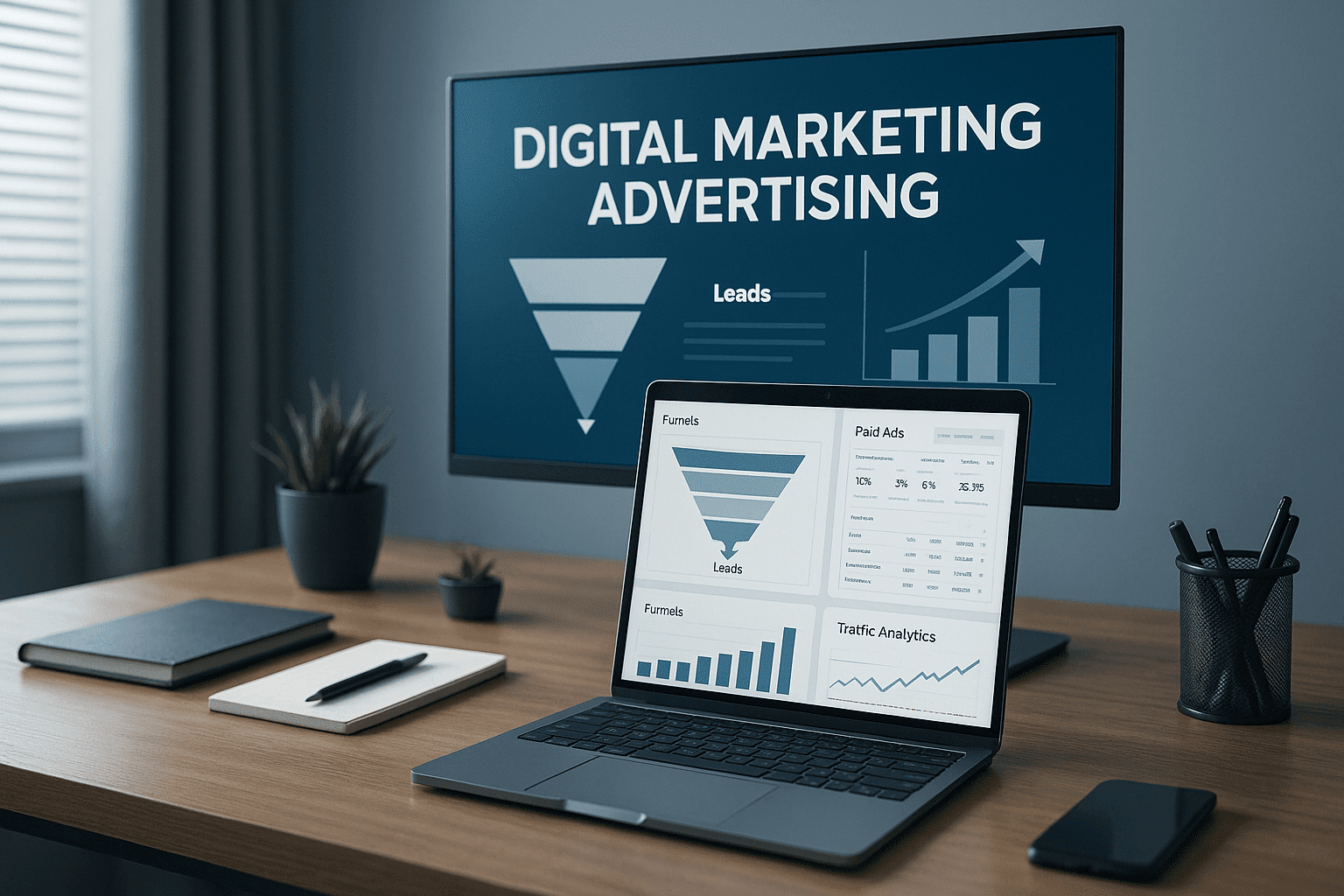 Digital marketing advertising workspace with funnels, lead-generation charts, and paid ads dashboard on screen.