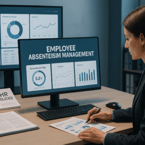 Employee absenteeism management workspace with dashboards, HR data, and managers analysing absence trends.