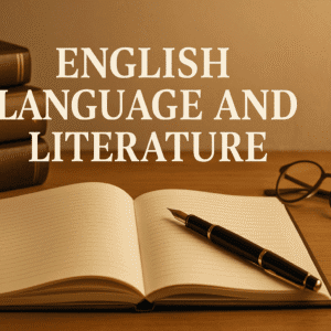 English language and literature diploma cover with books, pen, open notebook, and classic literary elements on a clean study desk.