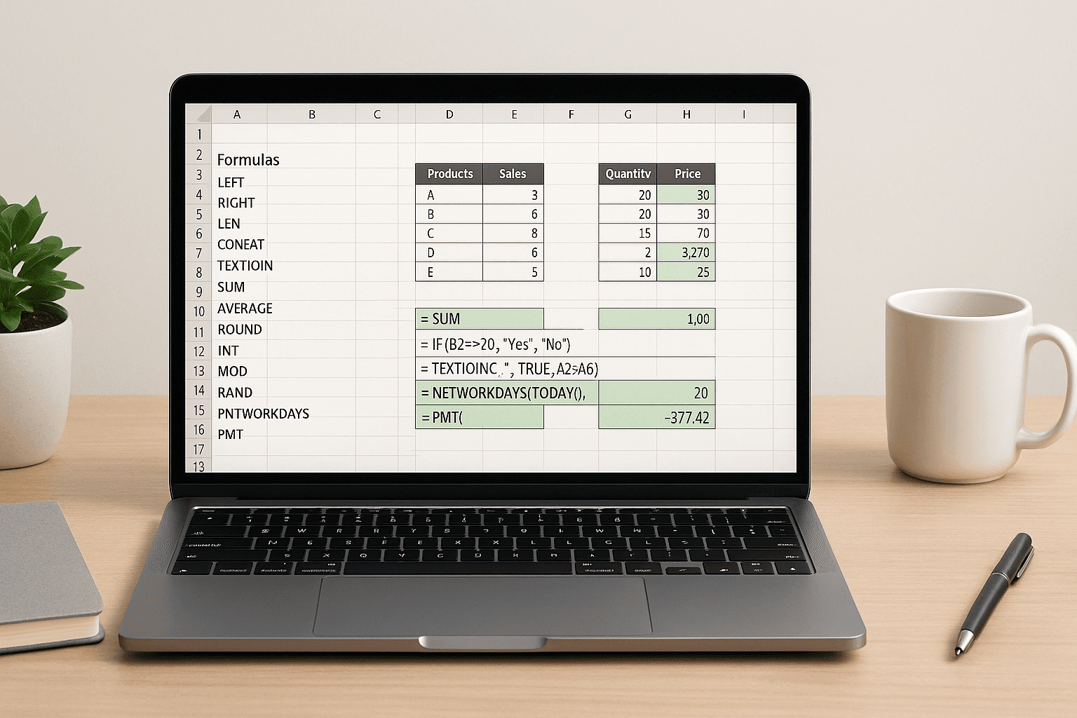 Modern Excel dashboard with formulas, functions, and data tables illustrating Excel Formulas Mastery for work and analysis.