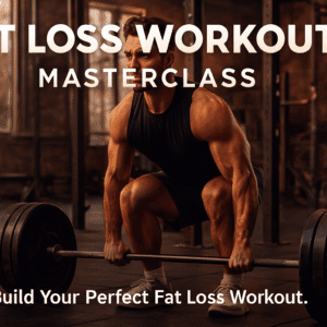 Fat loss workout masterclass cover showing a fit individual training with weights in a modern gym.